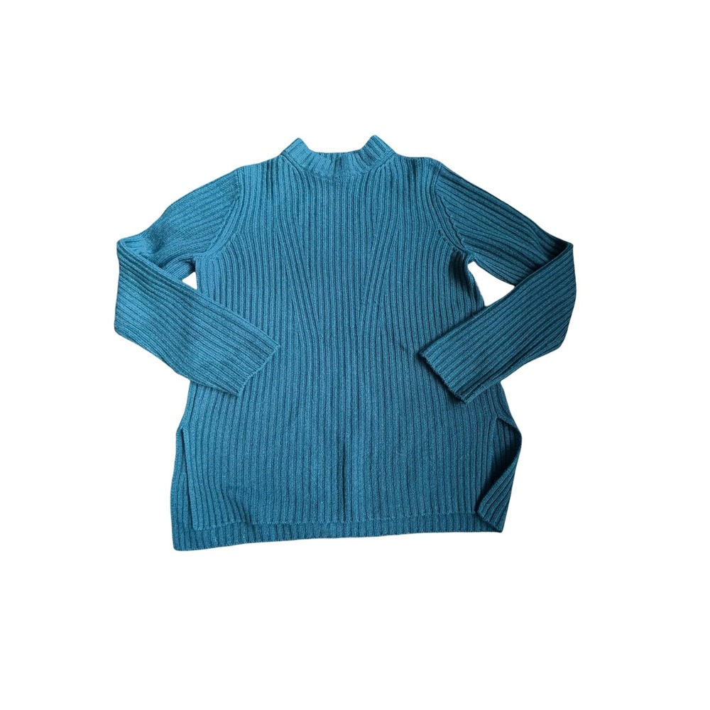 Vince Wool Cashmere Ribbed Tunic Sweater Mock Neck Side Slit Tide Pool Blue XS